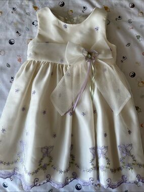 Ivory Organza Floral Bow Dress with Purple Embroidery